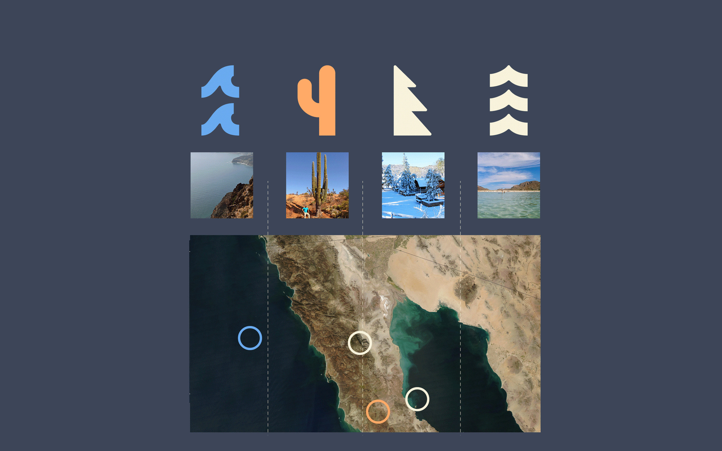 Concept of the creation of the logo of Baja California, Sea, desert, mountains and sea.